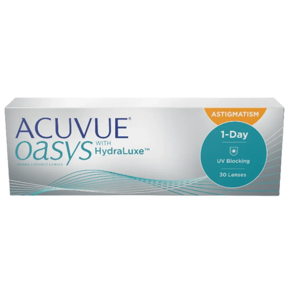 Embalagem de Acuvue Oasys 1-Day com HydraLuxe para Astigmatismo
